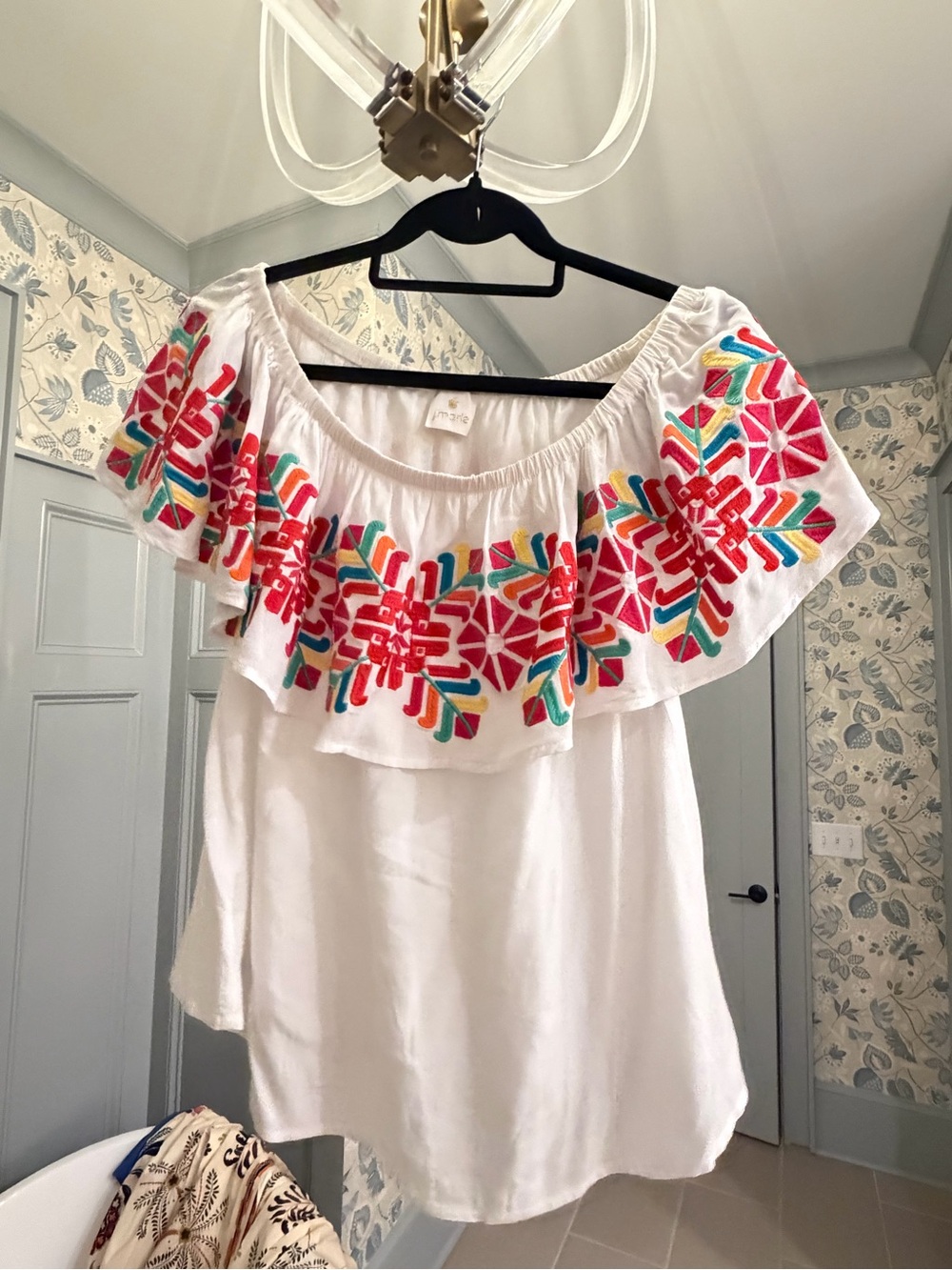 Embroidered Off-Shoulder White Tunic Top with Multicolor Floral Trim